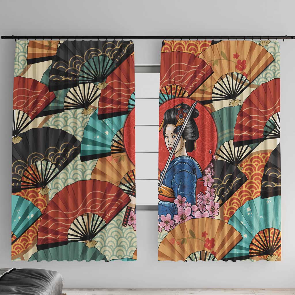 Japanese Geisha Katana Window Curtain Japan Sensu Seigaiha Pattern LT14 With Hooks Multicolor - Polynesian Pride