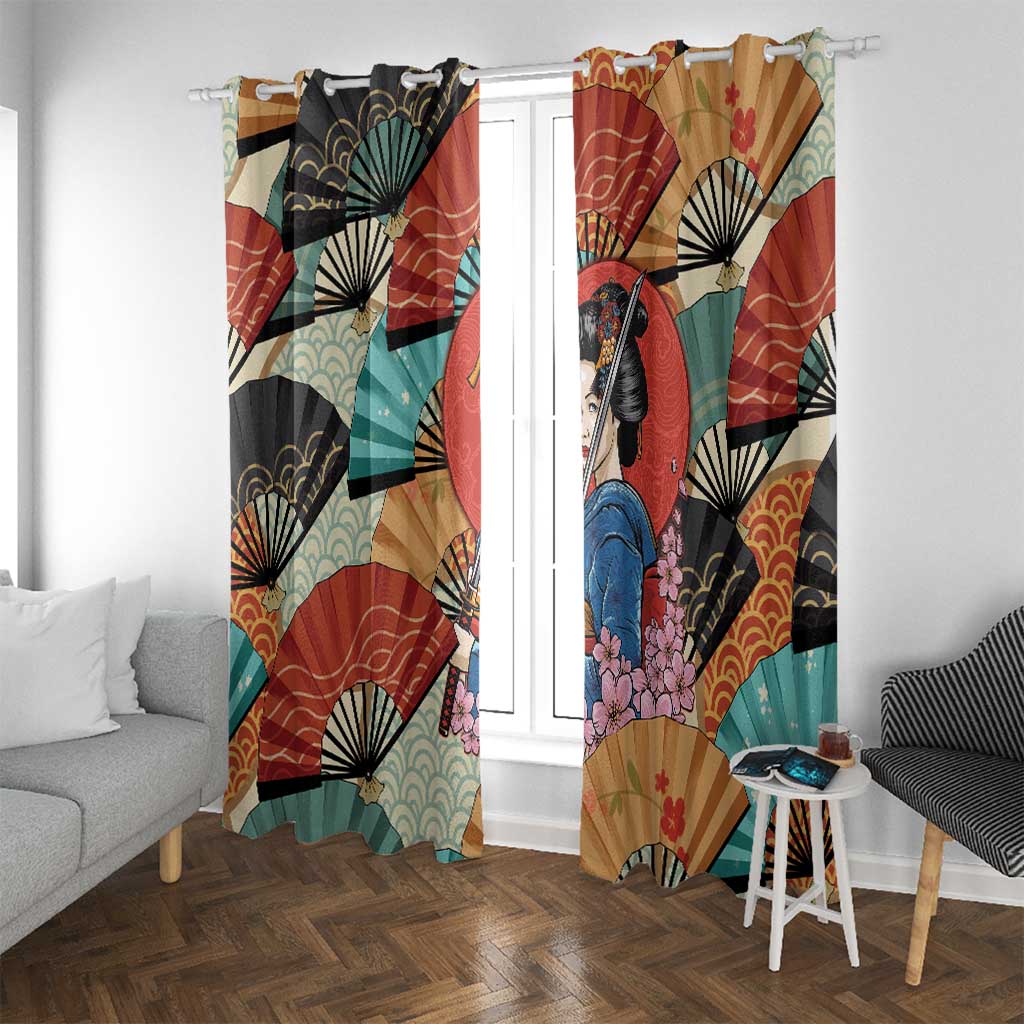 Japanese Geisha Katana Window Curtain Japan Sensu Seigaiha Pattern LT14 With Grommets Multicolor - Polynesian Pride