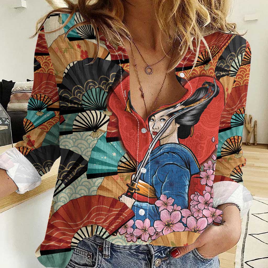 Japanese Geisha Katana Women Casual Shirt Japan Sensu Seigaiha Pattern LT14 Female Multicolor - Polynesian Pride