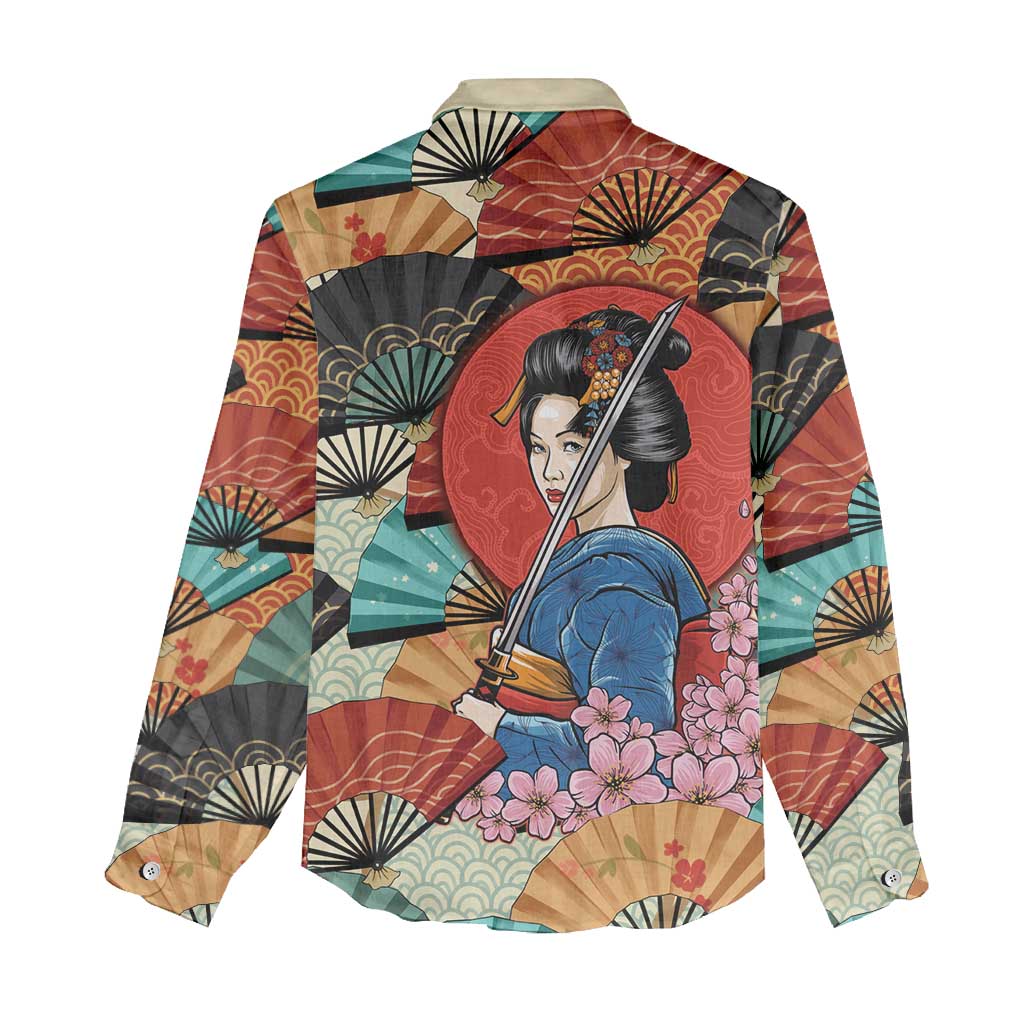 Japanese Geisha Katana Women Casual Shirt Japan Sensu Seigaiha Pattern LT14 - Polynesian Pride