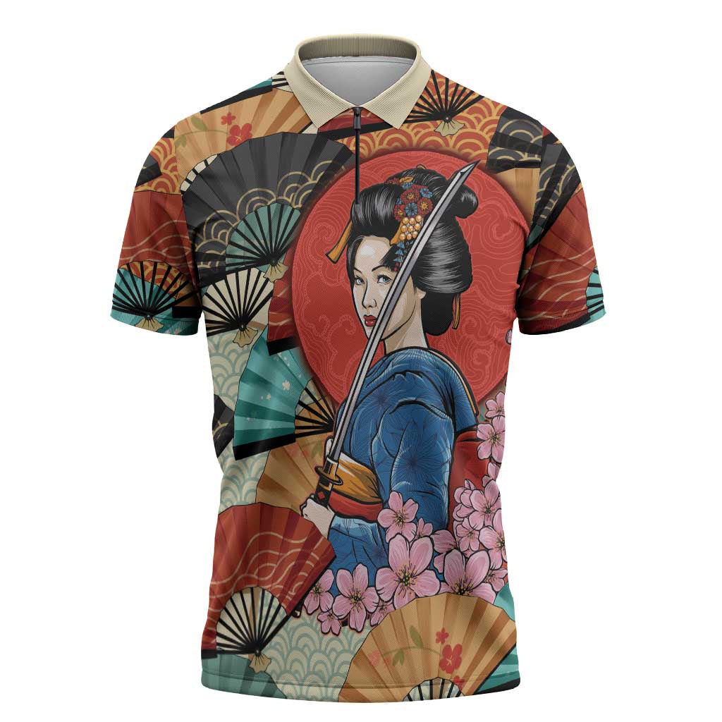 Japanese Geisha Katana Zipper Polo Shirt Japan Sensu Seigaiha Pattern LT14 Multicolor - Polynesian Pride