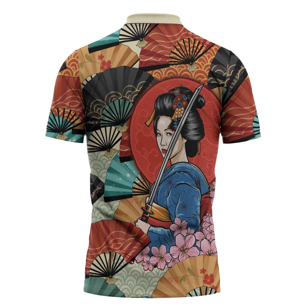 Japanese Geisha Katana Zipper Polo Shirt Japan Sensu Seigaiha Pattern LT14 - Polynesian Pride