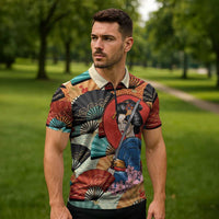 Japanese Geisha Katana Zipper Polo Shirt Japan Sensu Seigaiha Pattern LT14 - Polynesian Pride