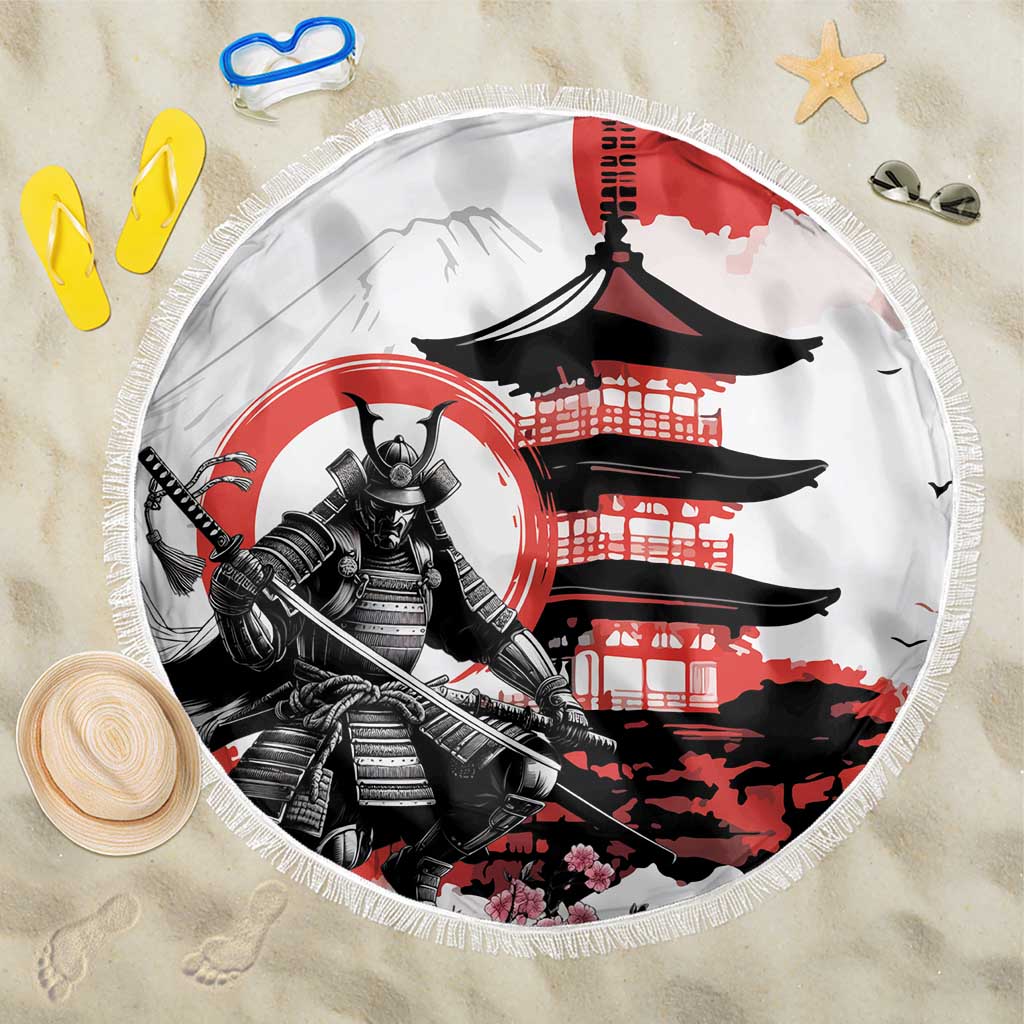 Japanese Samurai Warrior Enso Beach Blanket Japan Pagoda Sakura Watercolor LT14 One Size 150cm White - Polynesian Pride