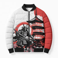 Japanese Samurai Warrior Enso Bomber Puffer Jacket Japan Pagoda Sakura Watercolor LT14 Unisex White - Polynesian Pride
