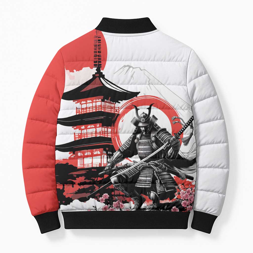 Japanese Samurai Warrior Enso Bomber Puffer Jacket Japan Pagoda Sakura Watercolor LT14 - Polynesian Pride