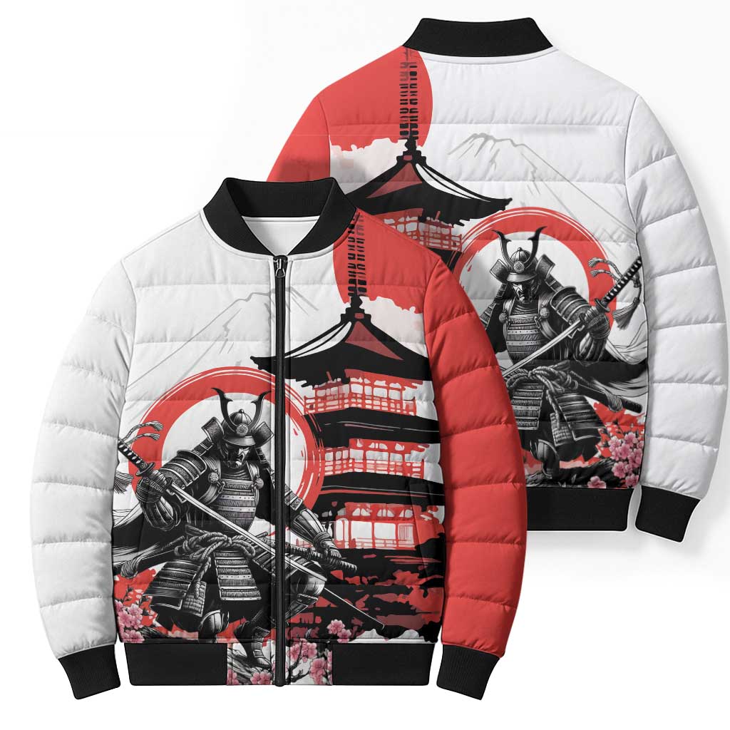 Japanese Samurai Warrior Enso Bomber Puffer Jacket Japan Pagoda Sakura Watercolor LT14 - Polynesian Pride