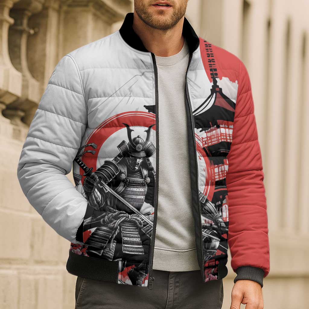 Japanese Samurai Warrior Enso Bomber Puffer Jacket Japan Pagoda Sakura Watercolor LT14 - Polynesian Pride