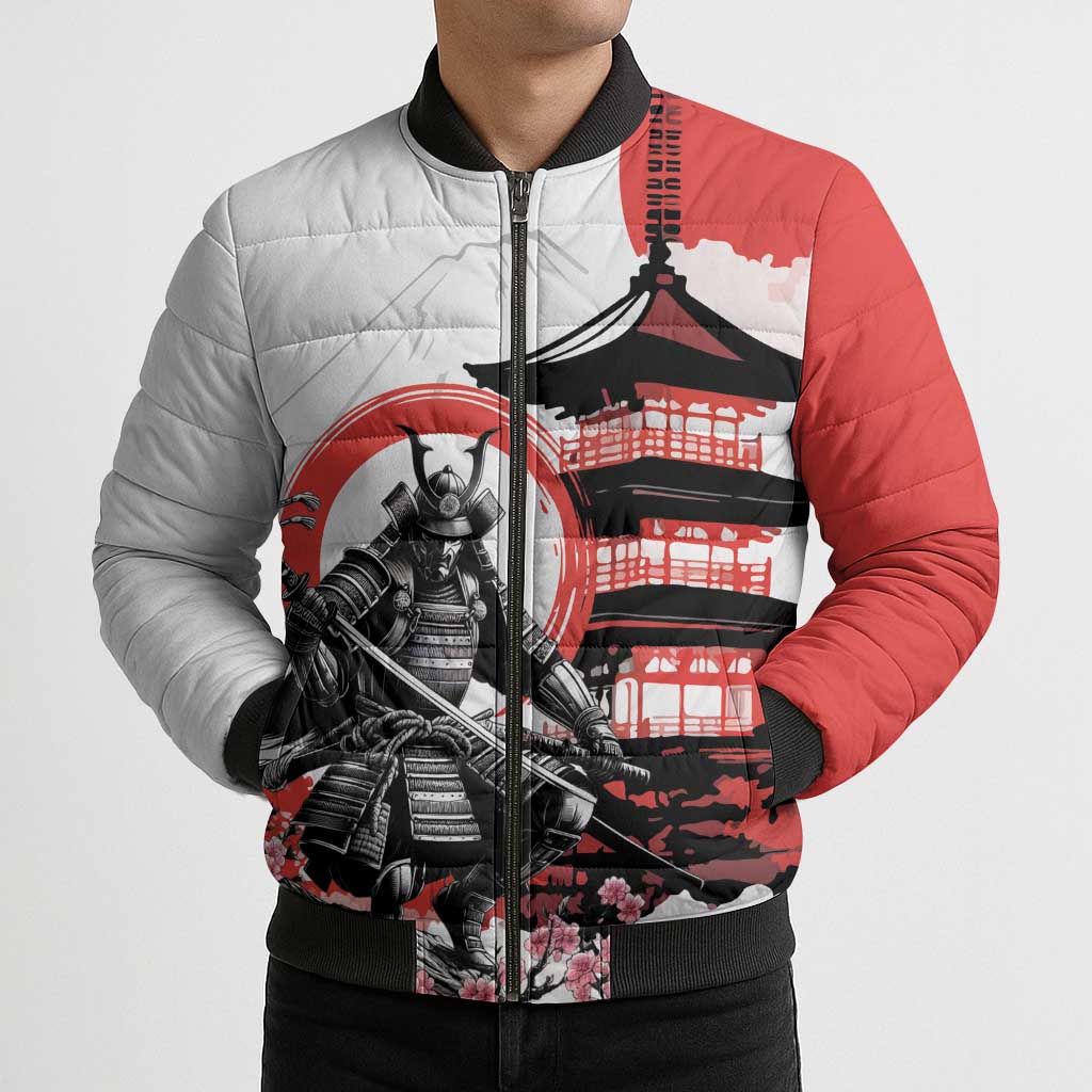 Japanese Samurai Warrior Enso Bomber Puffer Jacket Japan Pagoda Sakura Watercolor LT14 - Polynesian Pride