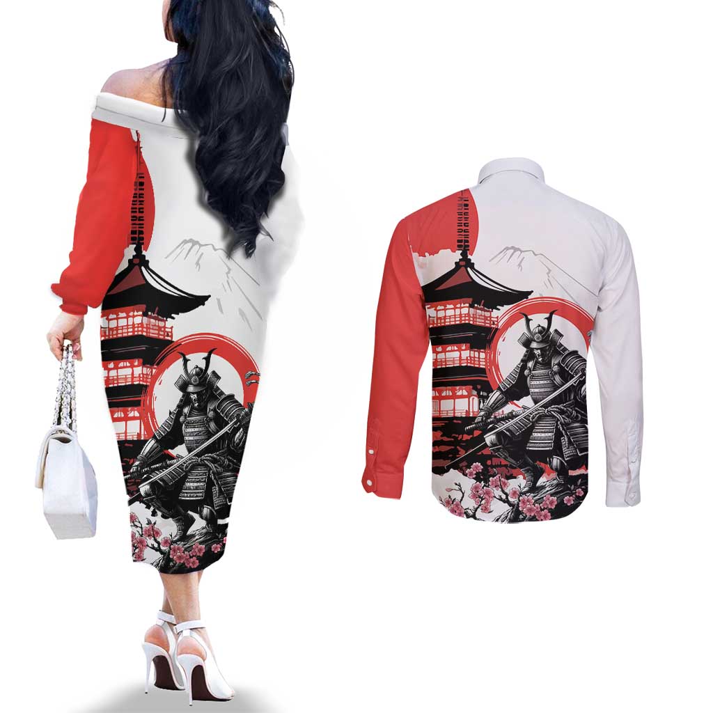 Japanese Samurai Warrior Enso Couples Matching Off The Shoulder Long Sleeve Dress and Long Sleeve Button Shirt Japan Pagoda Sakura Watercolor - Polynesian Pride