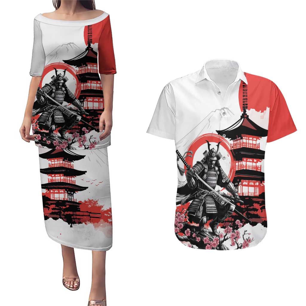 Japanese Samurai Warrior Enso Couples Matching Puletasi and Hawaiian Shirt Japan Pagoda Sakura Watercolor LT14 White - Polynesian Pride