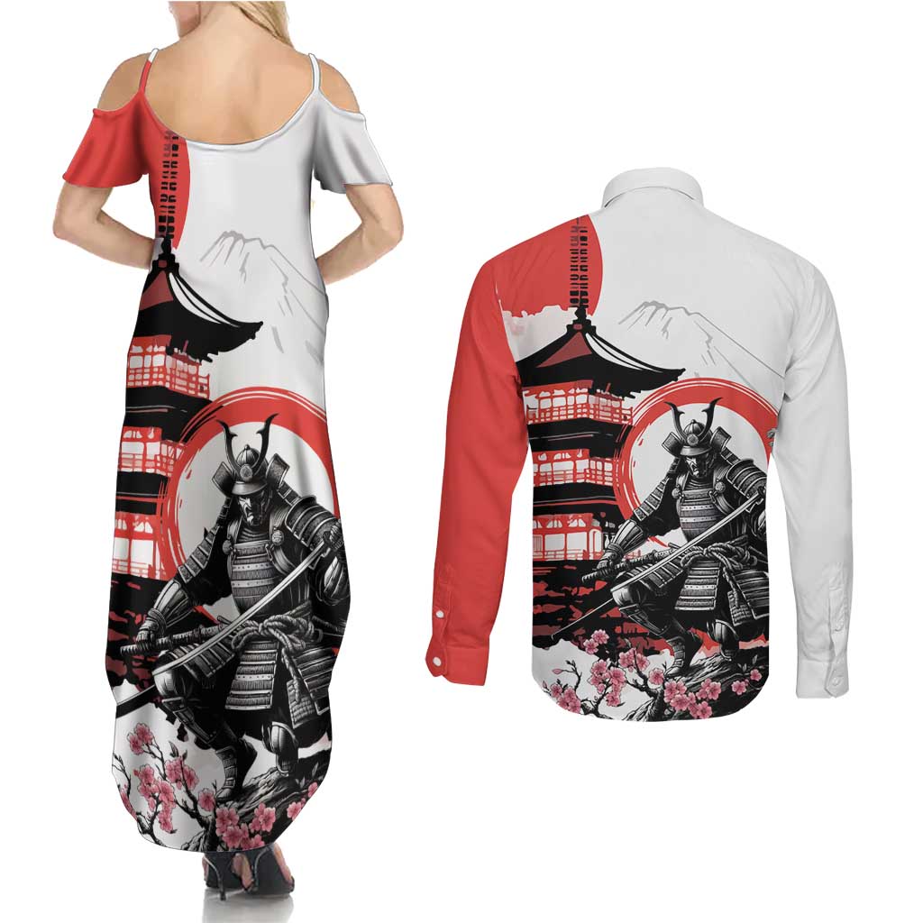 Japanese Samurai Warrior Enso Couples Matching Summer Maxi Dress and Long Sleeve Button Shirt Japan Pagoda Sakura Watercolor LT14 - Polynesian Pride