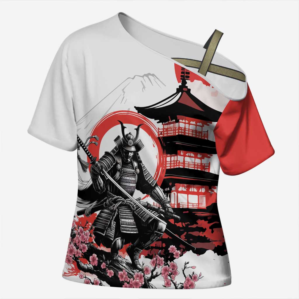 Japanese Samurai Warrior Enso Cross Shoulder Shirt Japan Pagoda Sakura Watercolor LT14 Female White - Polynesian Pride