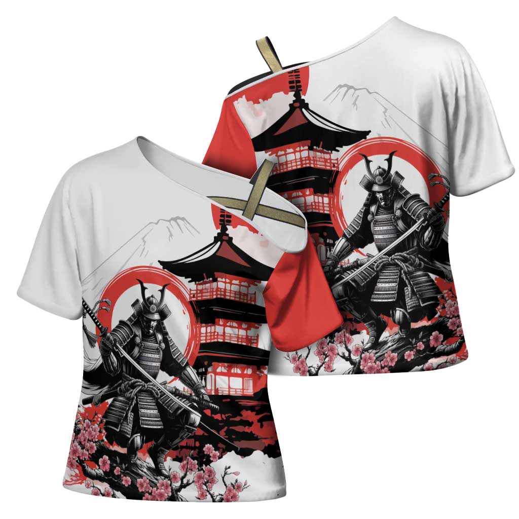 Japanese Samurai Warrior Enso Cross Shoulder Shirt Japan Pagoda Sakura Watercolor LT14 - Polynesian Pride