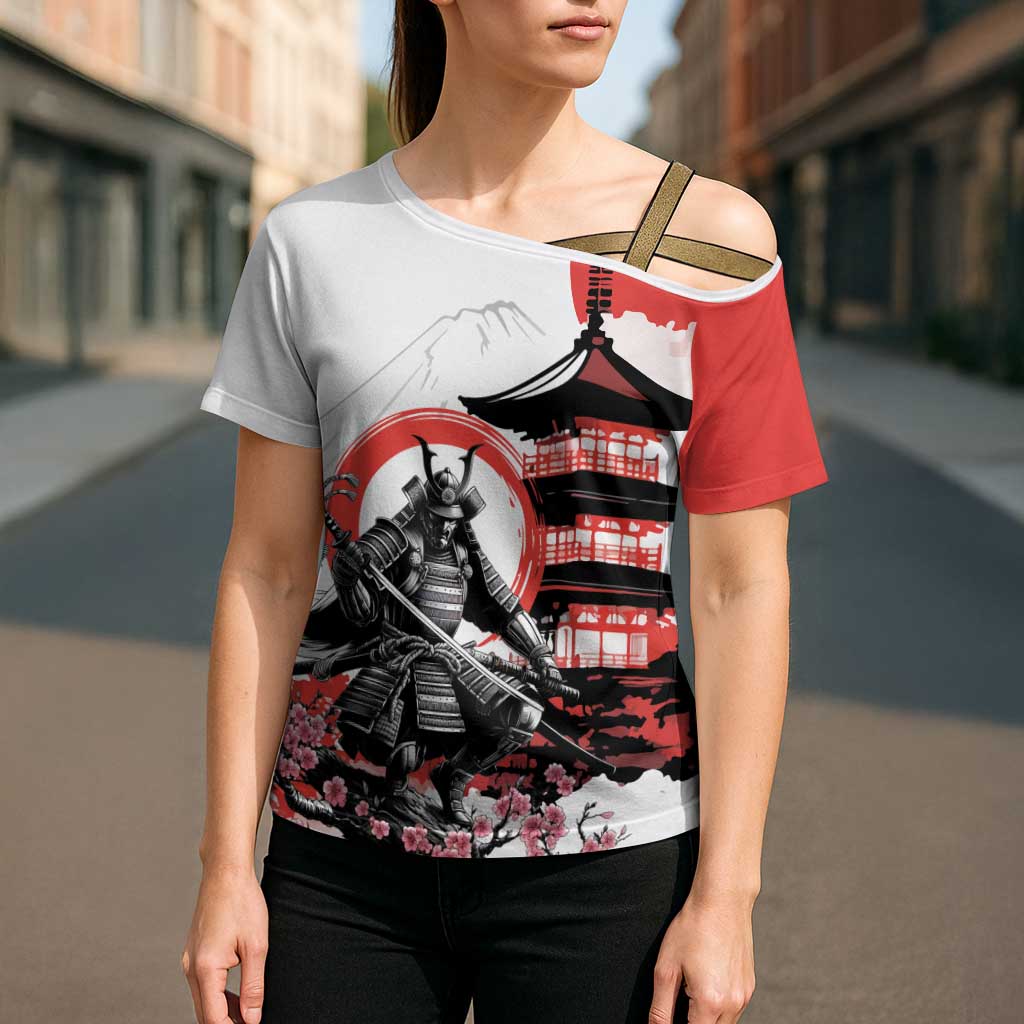 Japanese Samurai Warrior Enso Cross Shoulder Shirt Japan Pagoda Sakura Watercolor LT14 - Polynesian Pride