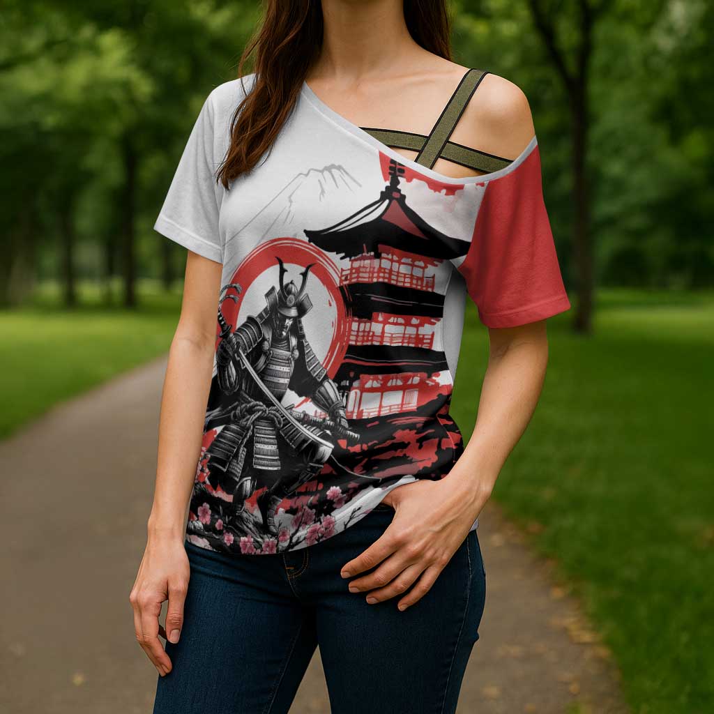 Japanese Samurai Warrior Enso Cross Shoulder Shirt Japan Pagoda Sakura Watercolor LT14 - Polynesian Pride