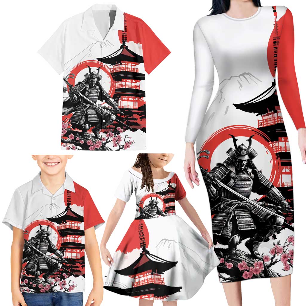 Japanese Samurai Warrior Enso Family Matching Long Sleeve Bodycon Dress and Hawaiian Shirt Japan Pagoda Sakura Watercolor - Polynesian Pride