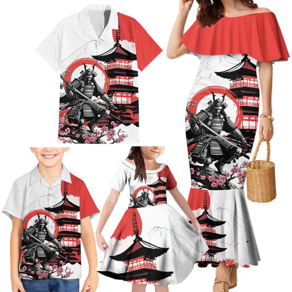 Japanese Samurai Warrior Enso Family Matching Mermaid Dress and Hawaiian Shirt Japan Pagoda Sakura Watercolor - Polynesian Pride