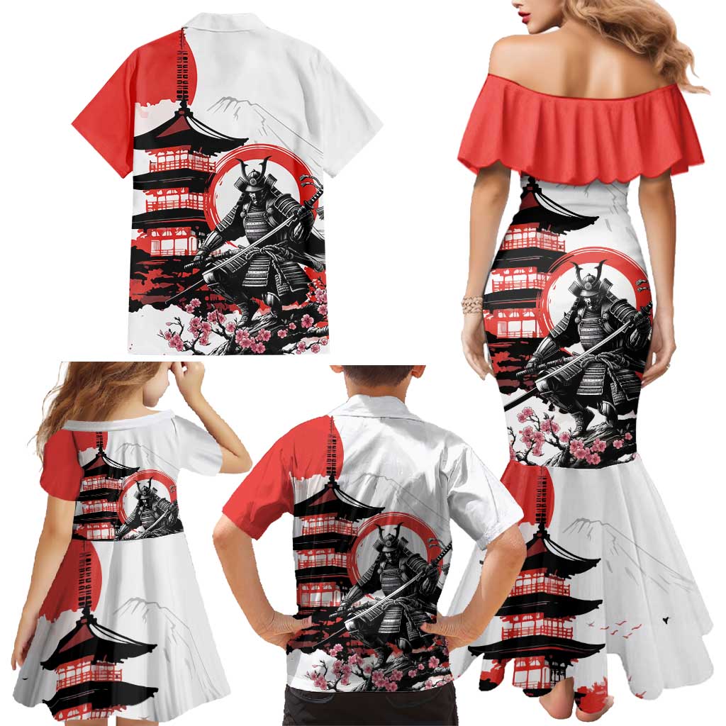 Japanese Samurai Warrior Enso Family Matching Mermaid Dress and Hawaiian Shirt Japan Pagoda Sakura Watercolor - Polynesian Pride
