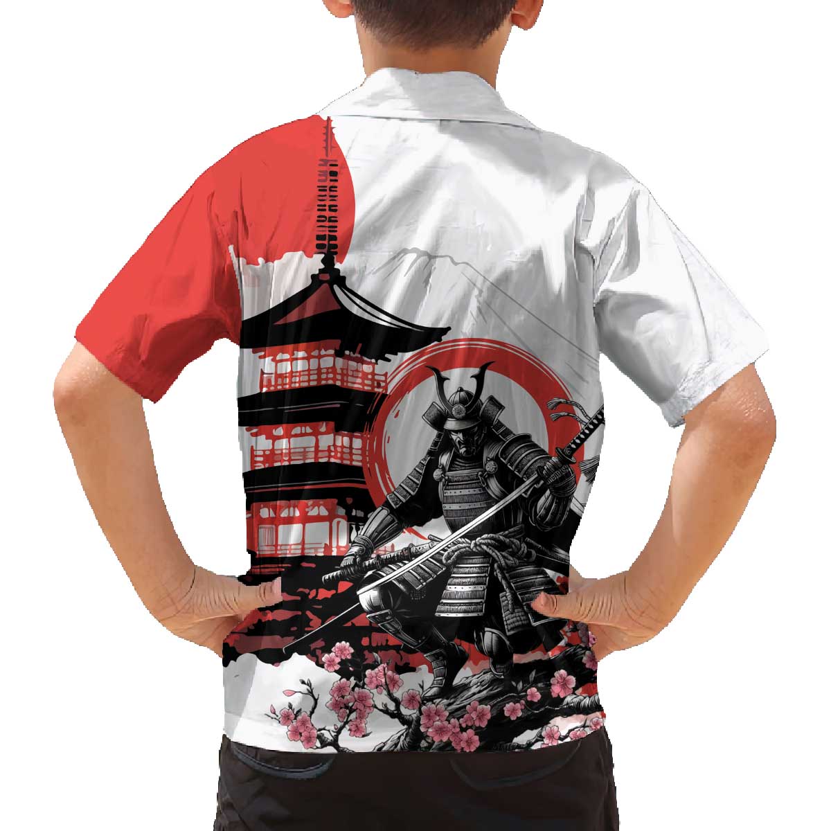 Japanese Samurai Warrior Enso Family Matching Off The Shoulder Long Sleeve Dress and Hawaiian Shirt Japan Pagoda Sakura Watercolor - Polynesian Pride