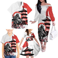 Japanese Samurai Warrior Enso Family Matching Off The Shoulder Long Sleeve Dress and Hawaiian Shirt Japan Pagoda Sakura Watercolor - Polynesian Pride