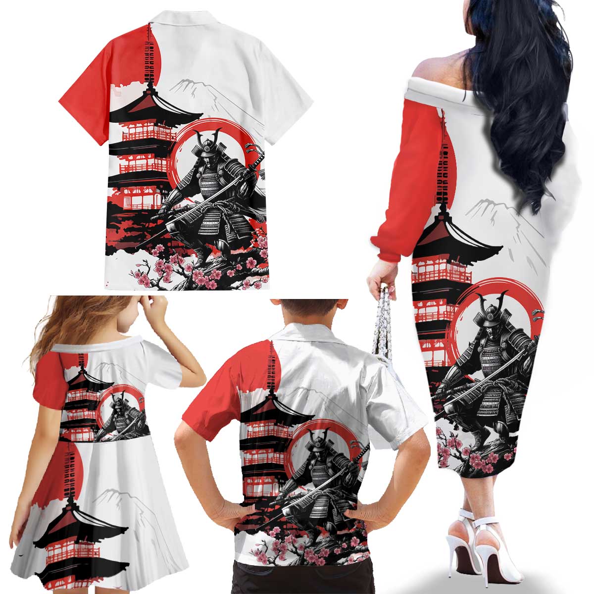 Japanese Samurai Warrior Enso Family Matching Off The Shoulder Long Sleeve Dress and Hawaiian Shirt Japan Pagoda Sakura Watercolor - Polynesian Pride