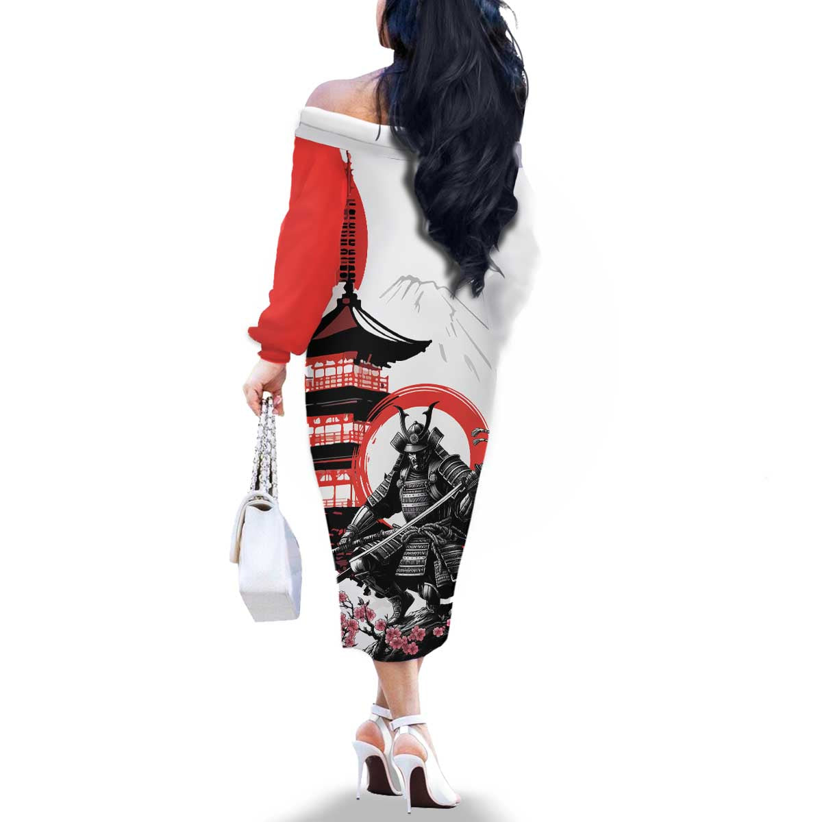Japanese Samurai Warrior Enso Family Matching Off The Shoulder Long Sleeve Dress and Hawaiian Shirt Japan Pagoda Sakura Watercolor - Polynesian Pride