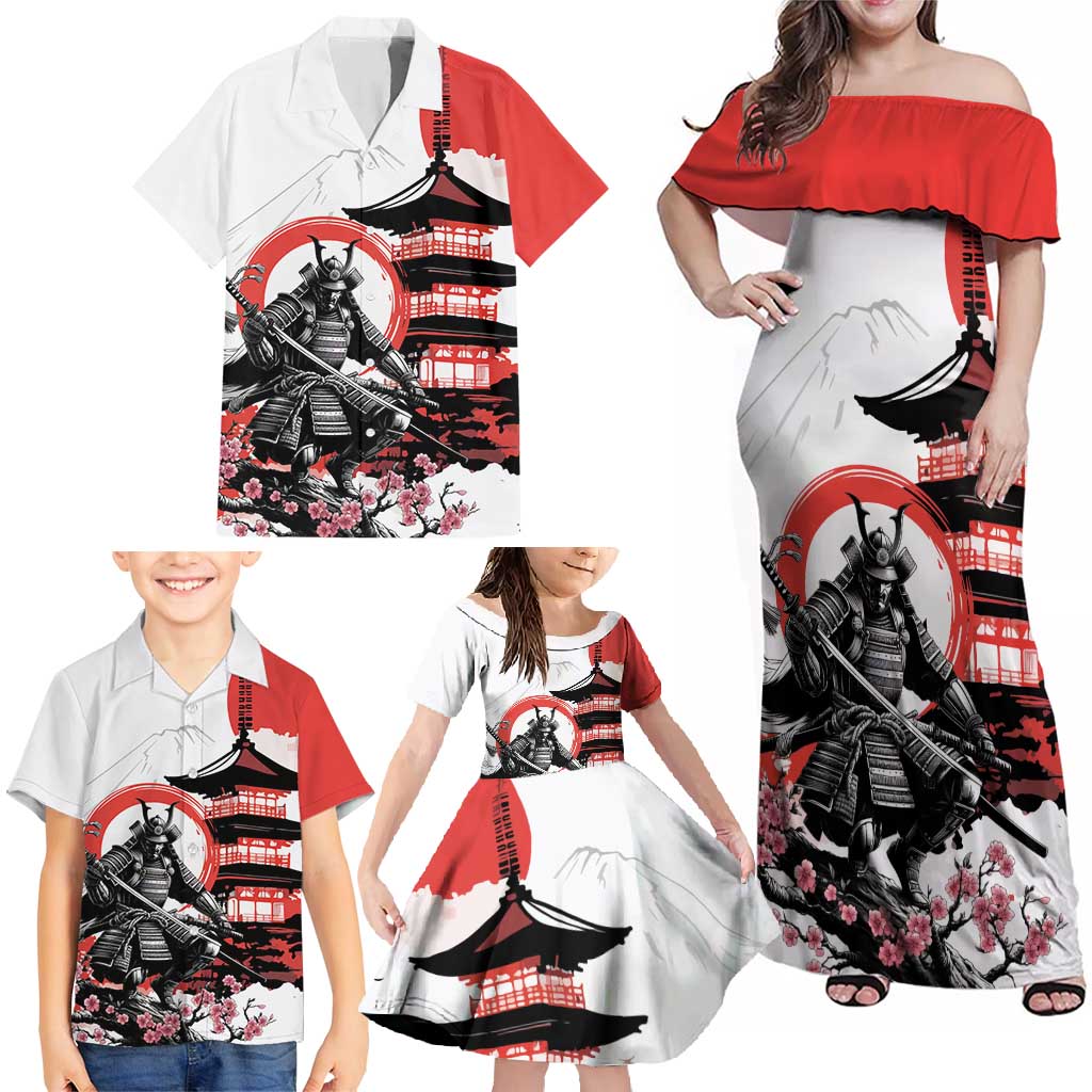 Japanese Samurai Warrior Enso Family Matching Off Shoulder Maxi Dress and Hawaiian Shirt Japan Pagoda Sakura Watercolor - Polynesian Pride