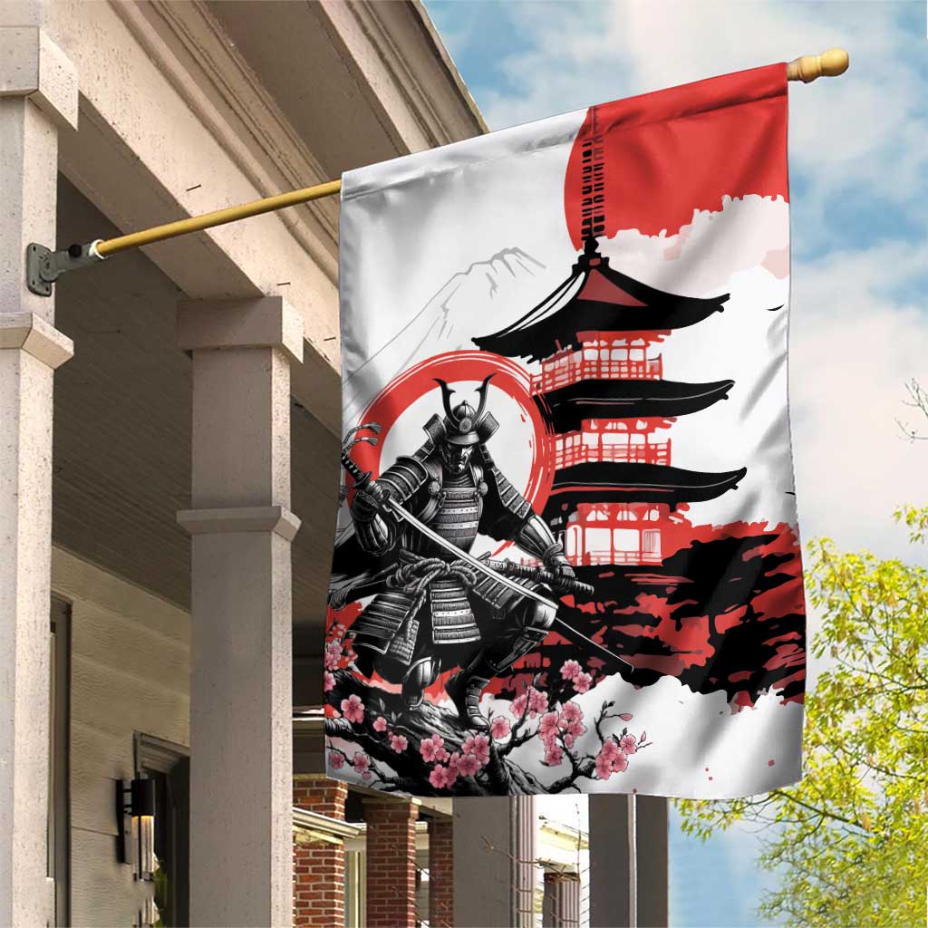 Japanese Samurai Warrior Enso Garden Flag Japan Pagoda Sakura Watercolor LT14 House Flag White - Polynesian Pride