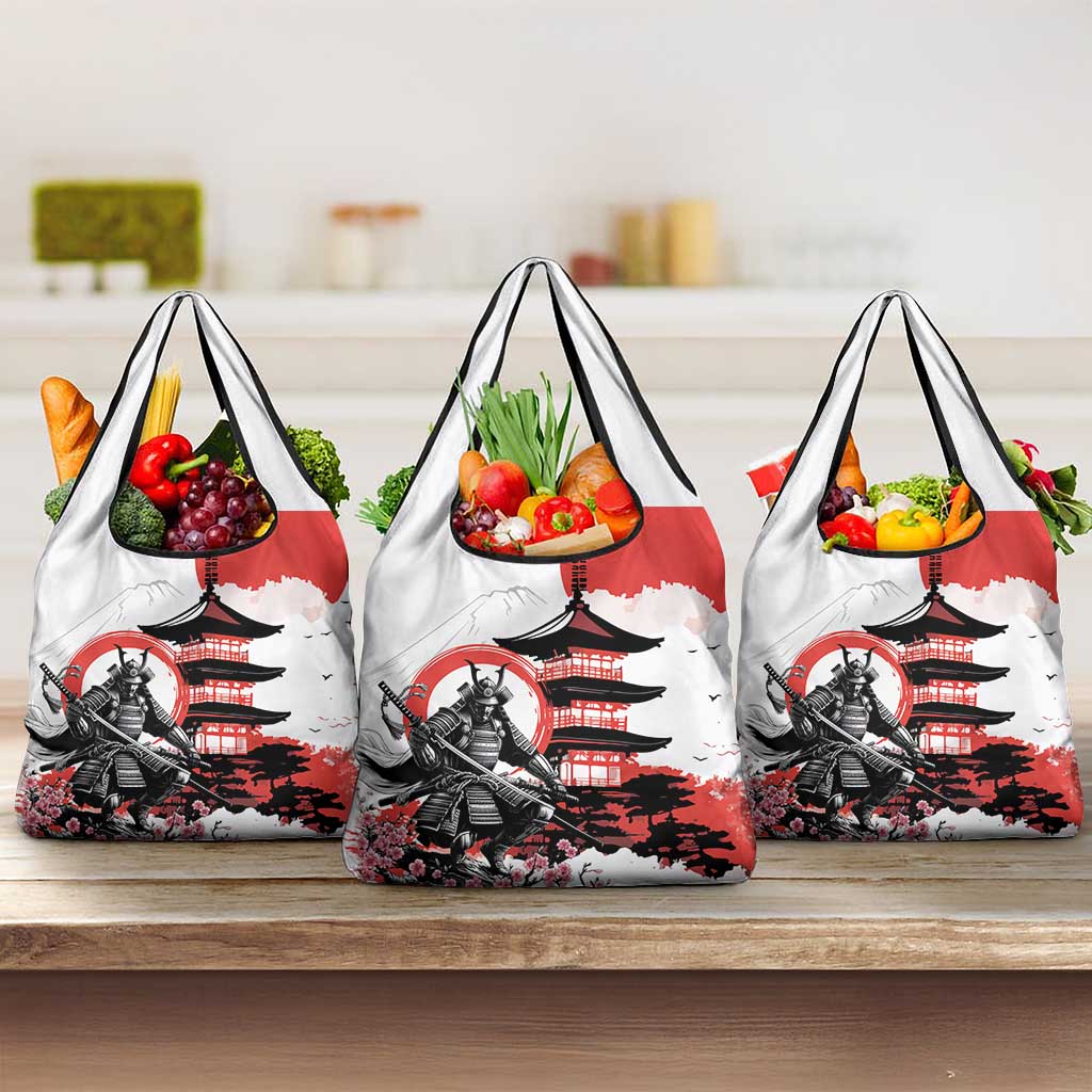 Japanese Samurai Warrior Enso Grocery Bag Japan Pagoda Sakura Watercolor LT14 3-pack One Size White - Polynesian Pride