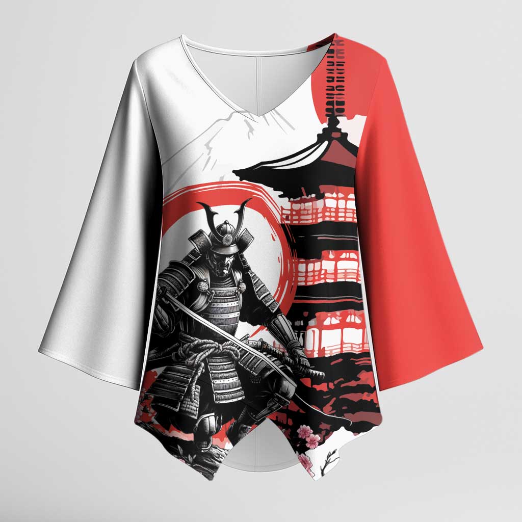 Japanese Samurai Warrior Enso Kimono Sleeve Blouse Japan Pagoda Sakura Watercolor LT14 Female White - Polynesian Pride
