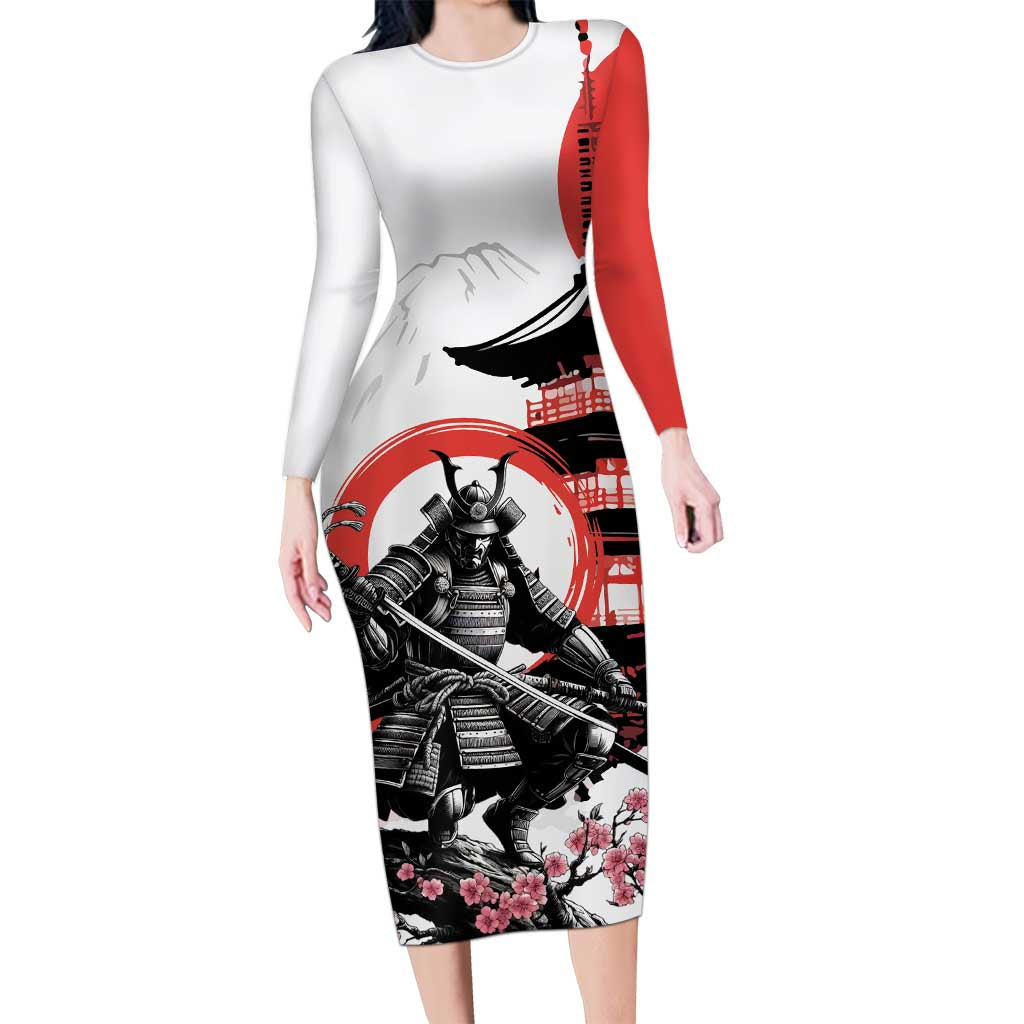 Japanese Samurai Warrior Enso Long Sleeve Bodycon Dress Japan Pagoda Sakura Watercolor LT14 Long Dress White - Polynesian Pride