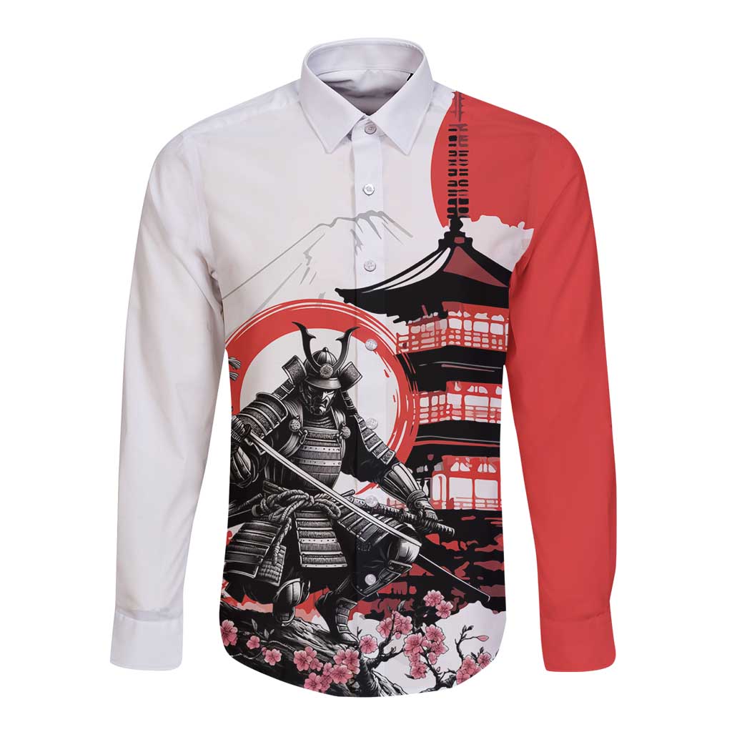 Japanese Samurai Warrior Enso Long Sleeve Button Shirt Japan Pagoda Sakura Watercolor LT14 Unisex White - Polynesian Pride