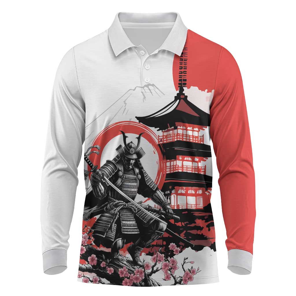 Japanese Samurai Warrior Enso Long Sleeve Polo Shirt Japan Pagoda Sakura Watercolor LT14 White - Polynesian Pride