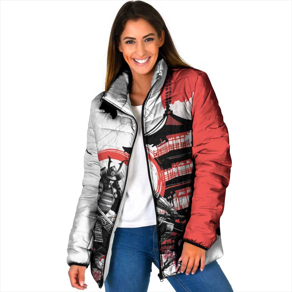 Japanese Samurai Warrior Enso Padded Jacket Japan Pagoda Sakura Watercolor LT14 Women White - Polynesian Pride