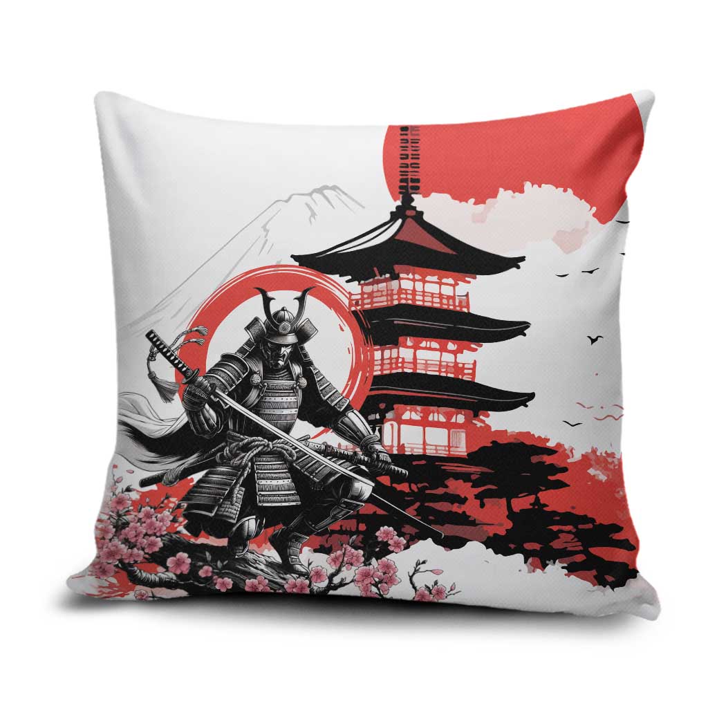 Japanese Samurai Warrior Enso Pillow Cover Japan Pagoda Sakura Watercolor LT14 White - Polynesian Pride