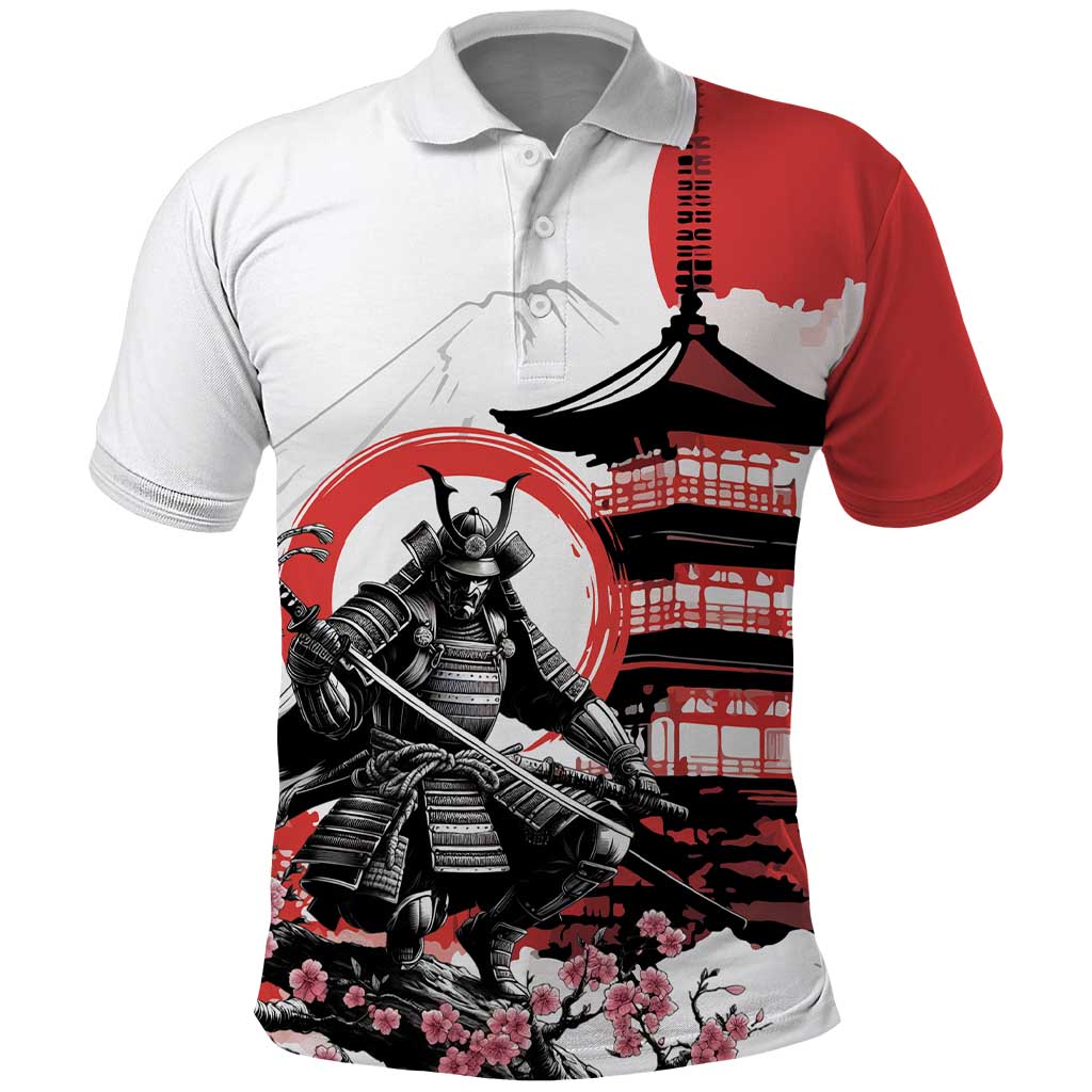 Japanese Samurai Warrior Enso Polo Shirt Japan Pagoda Sakura Watercolor LT14 White - Polynesian Pride