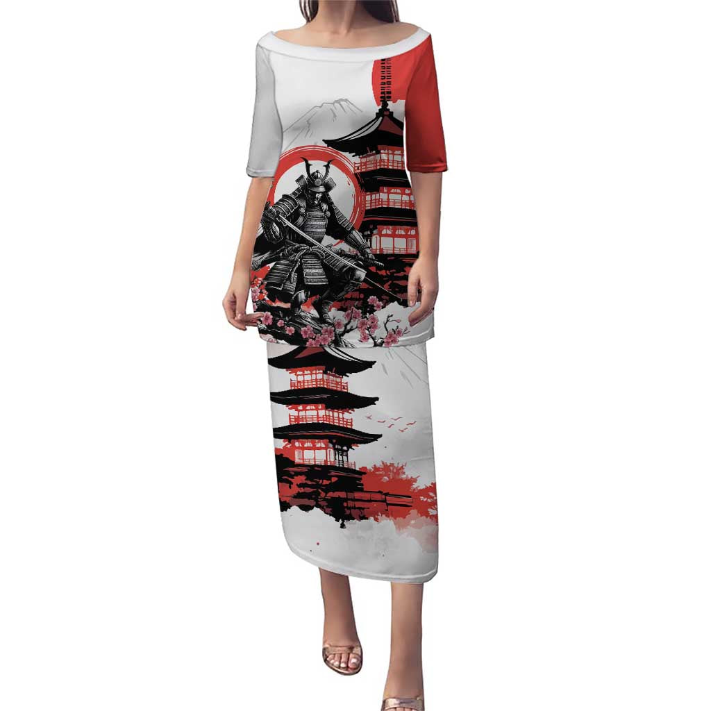 Japanese Samurai Warrior Enso Puletasi Japan Pagoda Sakura Watercolor LT14 Long Dress White - Polynesian Pride