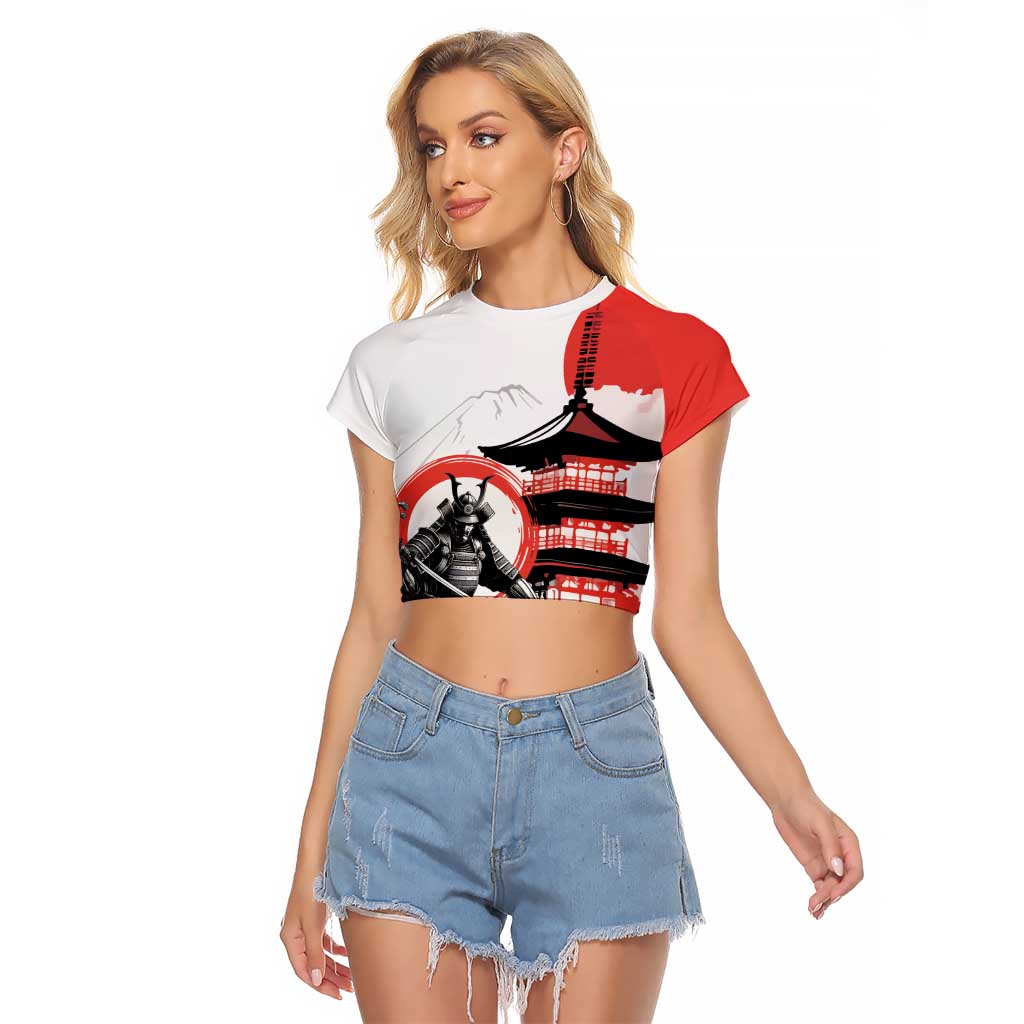 Japanese Samurai Warrior Enso Raglan Cropped T Shirt Japan Pagoda Sakura Watercolor LT14 Female White - Polynesian Pride