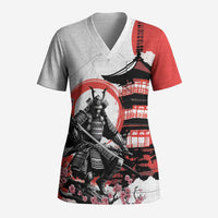 Japanese Samurai Warrior Enso Scrub Top Japan Pagoda Sakura Watercolor LT14 Adult White - Polynesian Pride