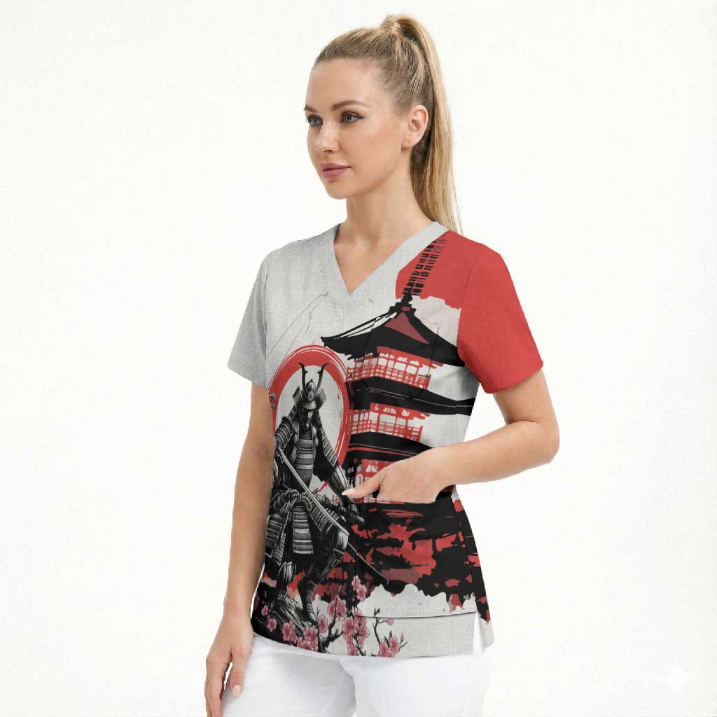 Japanese Samurai Warrior Enso Scrub Top Japan Pagoda Sakura Watercolor LT14 - Polynesian Pride