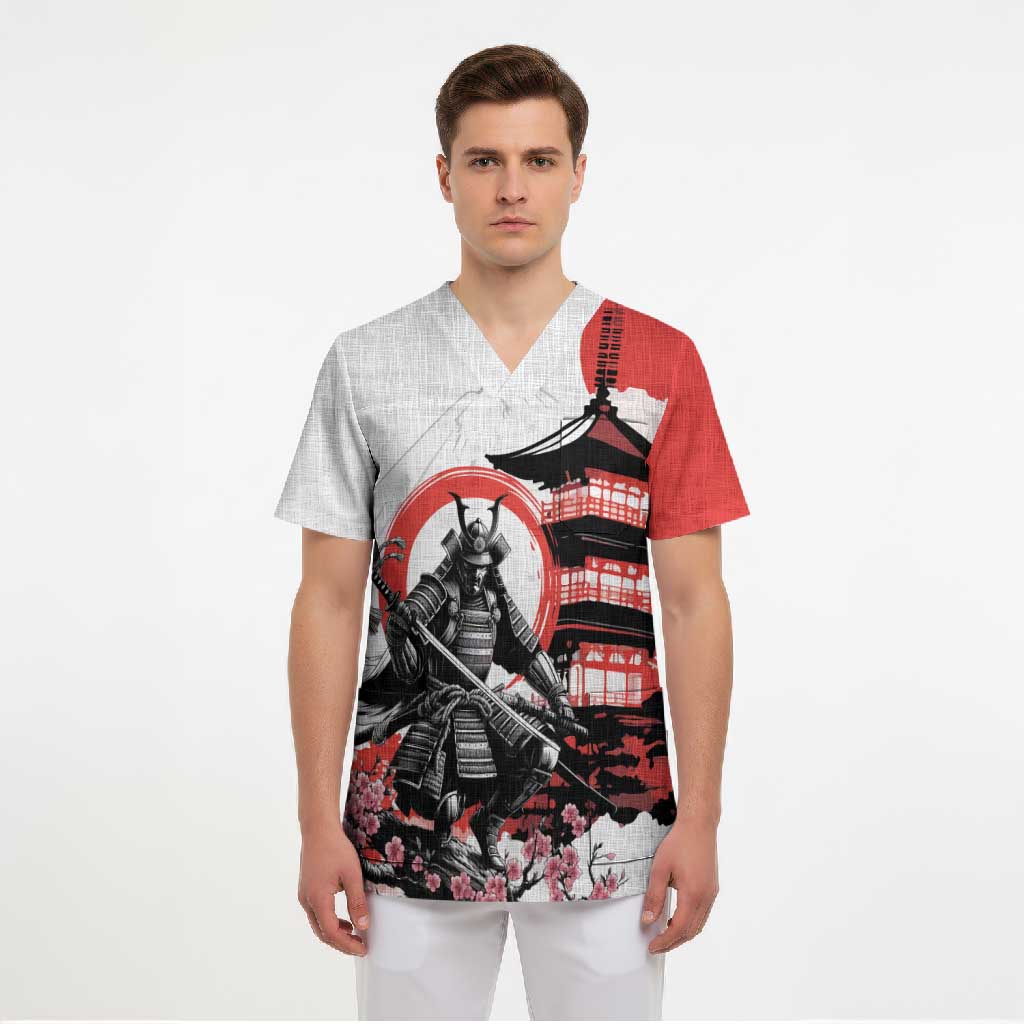 Japanese Samurai Warrior Enso Scrub Top Japan Pagoda Sakura Watercolor LT14 - Polynesian Pride