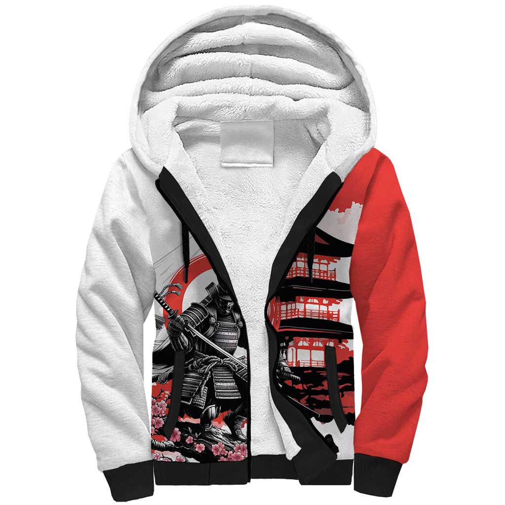 Japanese Samurai Warrior Enso Sherpa Hoodie Japan Pagoda Sakura Watercolor LT14 Unisex White - Polynesian Pride