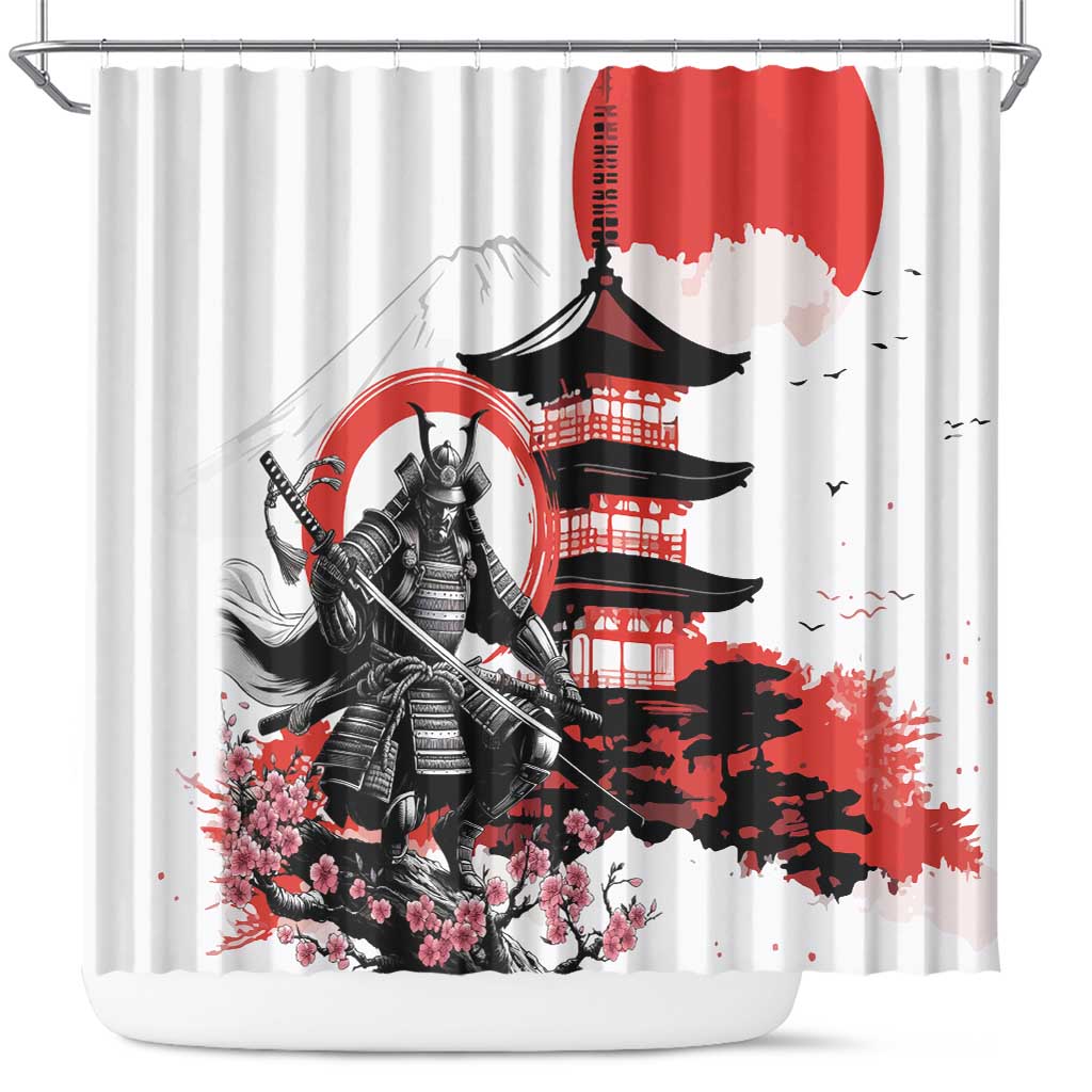 Japanese Samurai Warrior Enso Shower Curtain Japan Pagoda Sakura Watercolor LT14 White - Polynesian Pride