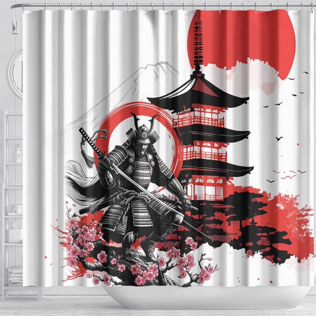 Japanese Samurai Warrior Enso Shower Curtain Japan Pagoda Sakura Watercolor LT14 - Polynesian Pride