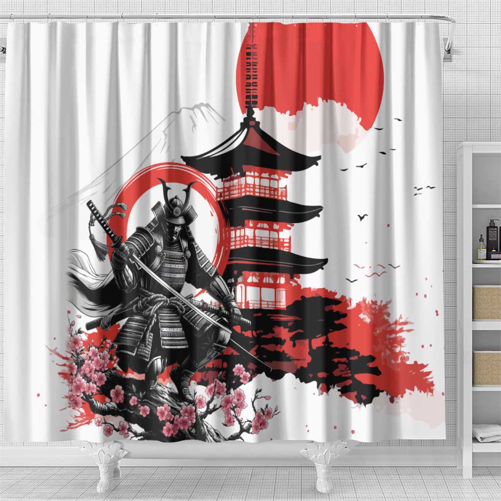 Japanese Samurai Warrior Enso Shower Curtain Japan Pagoda Sakura Watercolor LT14 - Polynesian Pride