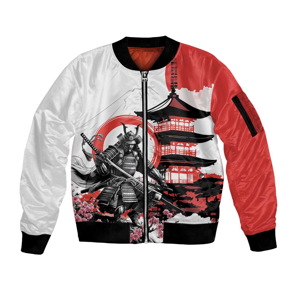 Japanese Samurai Warrior Enso Sleeve Zip Bomber Jacket Japan Pagoda Sakura Watercolor LT14 Unisex White - Polynesian Pride