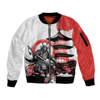 Japanese Samurai Warrior Enso Sleeve Zip Bomber Jacket Japan Pagoda Sakura Watercolor LT14 Unisex White - Polynesian Pride