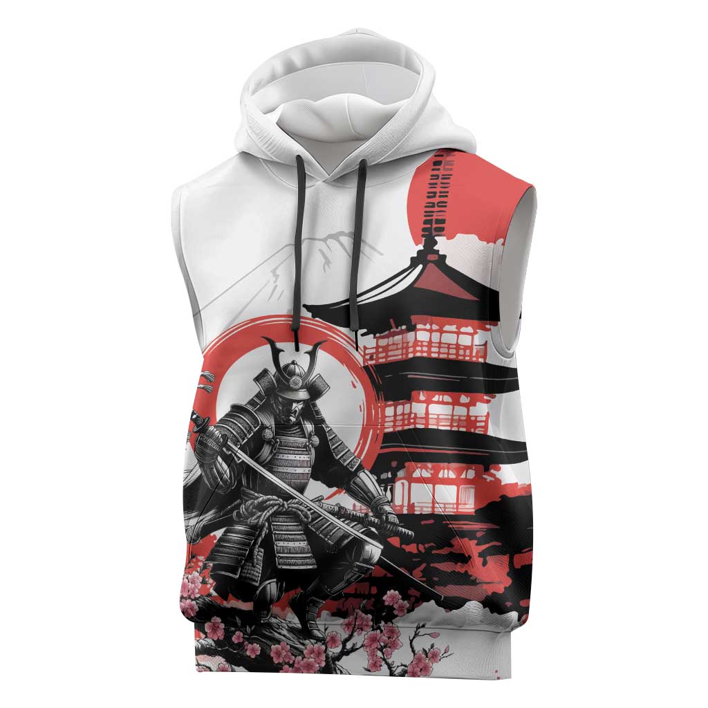 Japanese Samurai Warrior Enso Sleeveless Hoodie Japan Pagoda Sakura Watercolor LT14 White - Polynesian Pride