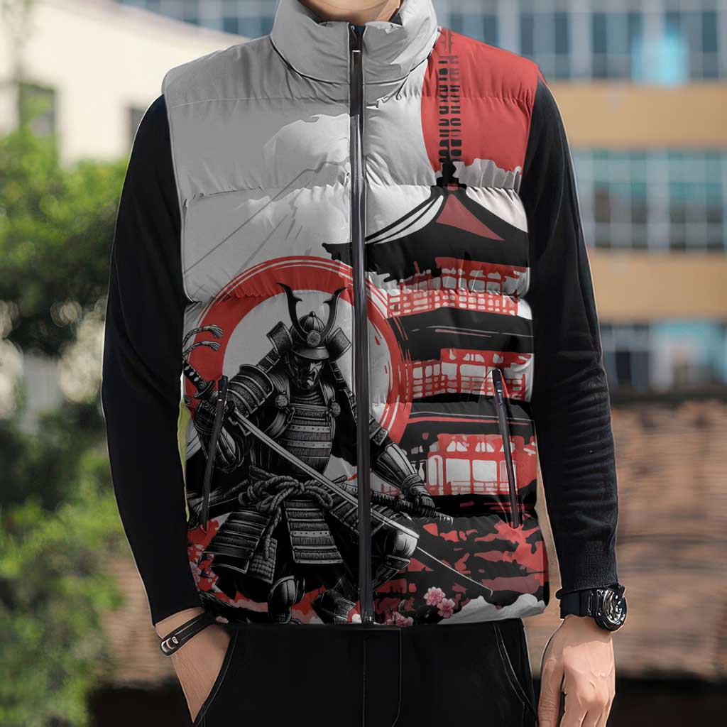 Japanese Samurai Warrior Enso Sleeveless Puffer Jacket Japan Pagoda Sakura Watercolor LT14 - Polynesian Pride
